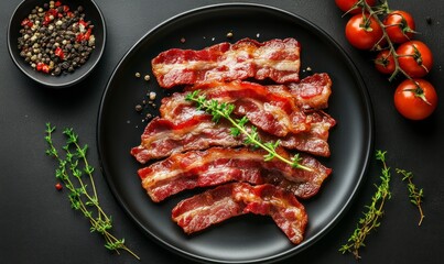 Serving Crispy Bacon Strips with Fresh Herbs, Pepper and Tomatoes