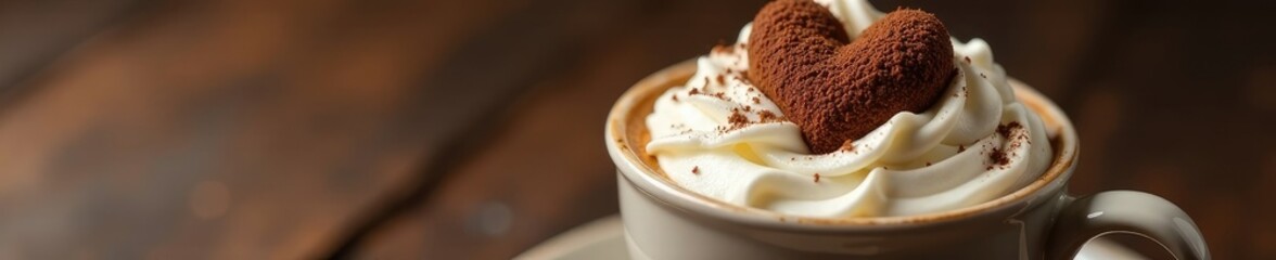 Fototapeta premium Whipped cream with a cocoa heart on top of coffee, indulgent, inviting, cocoa