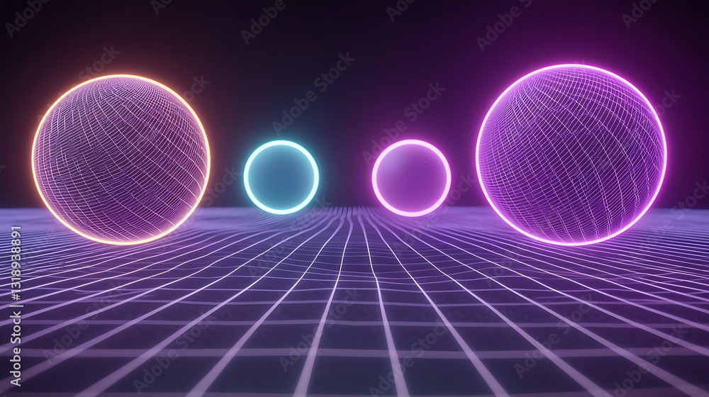 Poster dynamic neon spheres interaction virtual environment 3d visuals futuristic atmosphere digital art co