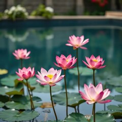 Obraz premium Tranquil lotus flowers blooming in the foreground of a serene pool, poolside, water