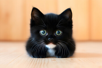 Obraz premium Cute black kitten lying on wooden floor