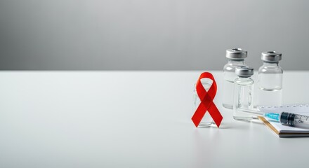 Red ribbon with vials and syringe on white surface, symbolizing HIV/AIDS awareness