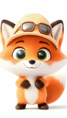 Cute cartoon fox wearing summer hat and sunglasses