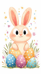 Obraz premium Cute Easter bunny sitting on colorful eggs