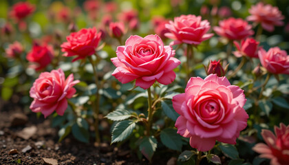 Naklejka premium A Breathtaking Cluster Of Vibrant Pink Roses Blooming In A Sun-drenched Garden, Showcasing Their Delicate Petals And Lush Green Foliage