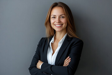 Confident businesswoman in a professional suit stands with arms crossed against a neutral gray background, exuding positivity and professionalism