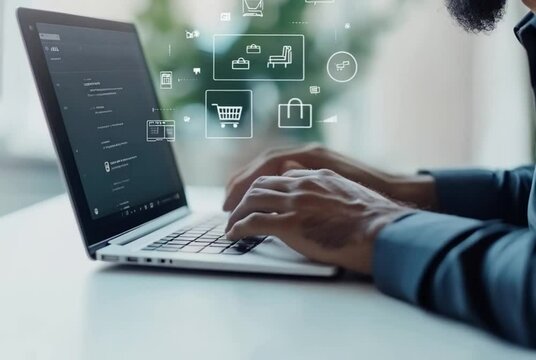 Software developer programming online shop application on laptop