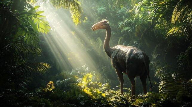 Colossal Elephant Bird Aepyornis maximus extinct standing in a dense tropical forest with shafts of sunlight piercing through thick foliage