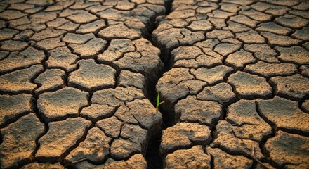 Close-up of cracked dry soil with small green plant emerging