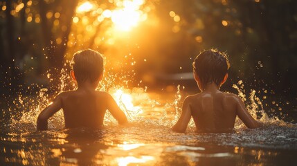 Obraz premium Boys splashing sunset river summer fun