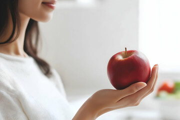 A woman holds a shiny red apple in her hand, symbolizing health and nutrition, while appearing contemplative in a softly lit kitchen.
