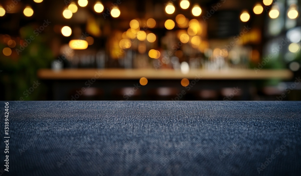 Poster blurred bar background with bokeh lights and a blue fabric table
