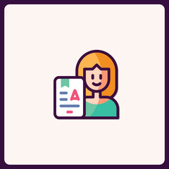 Flat vector icon of a woman holding an educational document or certificate