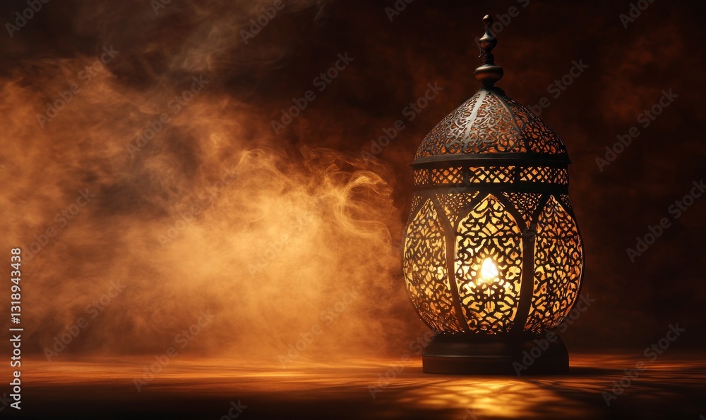 Poster illuminated lantern with intricate design casting warm glow in smoky setting