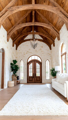Elegant, light-filled entryway with vaulted wooden beams and stone walls