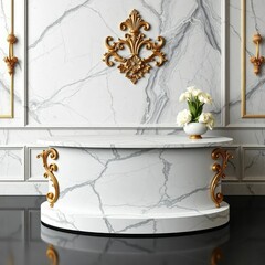 Sleek marble base elevated with ornate gold details, modern, elegant