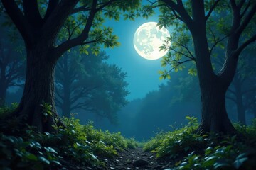 Silvery moonlight filters through leafy branches, illuminating forest floor, forest, woodland