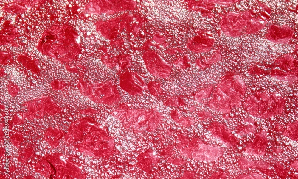 Poster close-up of vibrant red liquid with shiny bubbles for texture design