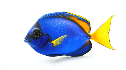 Bright blue tang with vibrant yellow tail against white background