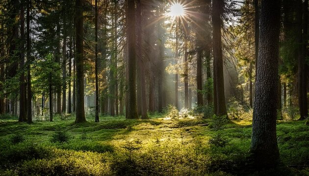 A secluded clearing in the forest with tall, ancient trees and a patch of sunlight shining through the canopy.