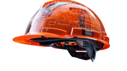 "A construction helmet with safety features, isolated on transparent background, highlighting the importance of safety on-site."