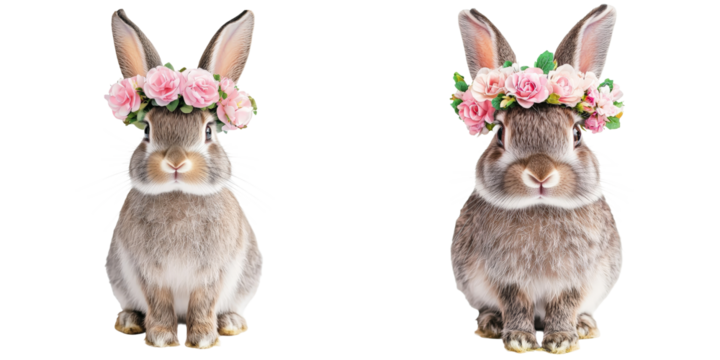 Cute rabbits wearing floral crowns, adorable animals for white isolate background - Powered by Adobe