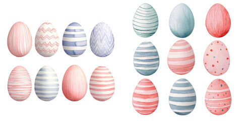 Colorful Easter Eggs Collection with Various Patterns and Soft Pastel Shades white isolate background