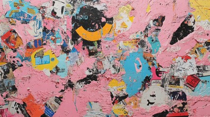 Fototapeta premium Abstract Pink and Black Textured Collage Background with Torn Paper and Posters