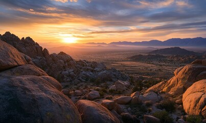 Fototapeta premium Scenic Desert Sunrise Over Rocks with Mountains in the Distance