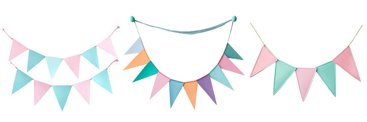 Colorful Party Banners with Flags in Pastel Shades white isolate background