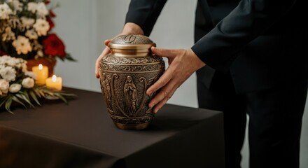 Metallic urn at funeral service, with flowers and candles