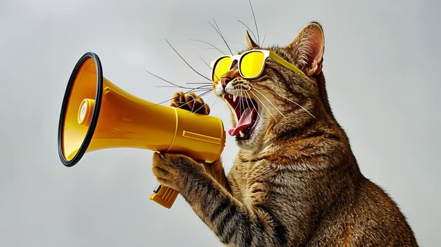 A cat wearing yellow sunglasses and holding a megaphone. The cat appears to be shouting or making an announcement. The background is neutral, highlighting the fun and expressive character of the cat