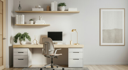 Minimalist home office with modern decor, organized workspace, and neutral tones