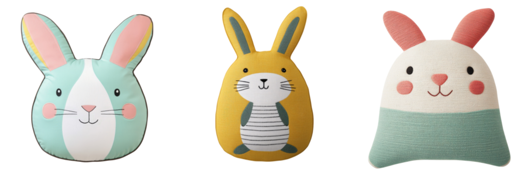 Cute and Colorful Plush Rabbit and Bunny Pillows white isolate background
