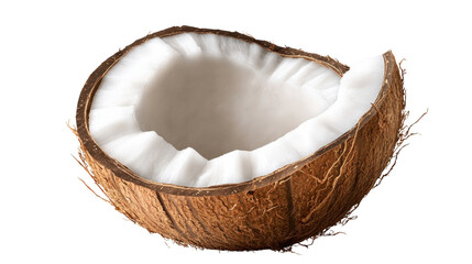 "A delicious half coconut with vibrant white flesh, isolated on transparent background, ideal for tropical or health-themed designs