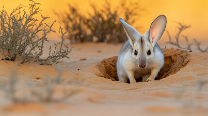 Delicate Lesser Bilby Macrotis leucura extinct emerging from its burrow in a sandy desert with scattered shrubs under the soft glow of moonlight