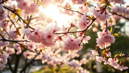 Fototapeta premium Morning sunlight filters through delicate cherry blossom branches, cherry blossoms, garden, foliage