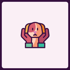 Stylized icon depicting a dog's head being held protectively by hands
