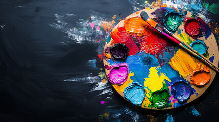 Fototapeta premium paint with paint brush, paint palette, on black background