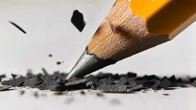 Close-up of a sharpened pencil creating graphite shavings on a white surface, showcasing detail