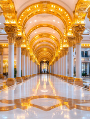 Grand, opulent hallway with gilded arches and pillars