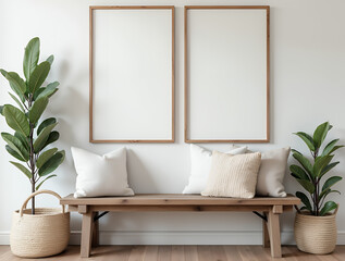 
Wooden rustic bench with pillows against wall with two poster frames. Country farmhouse interior design of modern home entryway. 