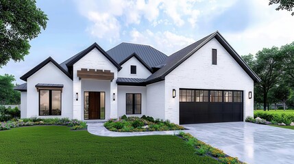 Obraz premium Modern house exterior with lush greenery and a clear sky in the background.