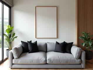 Fototapeta premium Japanese style home interior design of modern living room. Grey sofa with black cushions against wall with poster frame. 