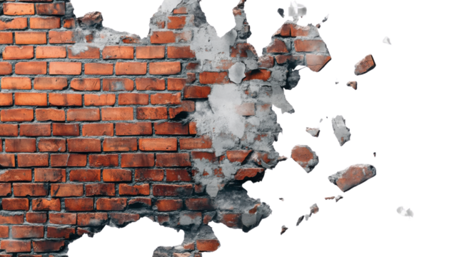 "A cracked and shattered brick wall, isolated on transparent background, with bricks falling off and rubble visible beneath the damaged surface