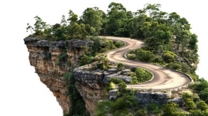 A curvy road carved into the side of a mountain, surrounded by dense foliage and trees, cut out and isolated on a transparent background, with a distant horizon