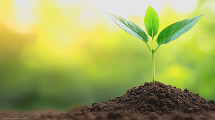 Fototapeta premium Young green plant emerging from rich soil symbolizing new growth and life in a natural and nurturing environment