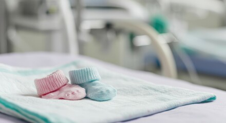 Pink and blue baby socks on hospital blanket symbolize newborn twins