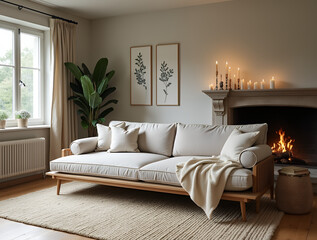 Sofa and daybed sofa by fireplace. Scandinavian farmhouse rustic home interior design of modern living room. Warm and inviting atmosphere. 