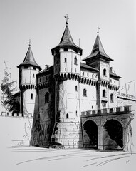 Fototapeta premium Historic European fortress building design in sketch hand drawing black and white on plain white background